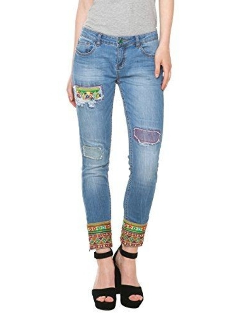 Desigual Light Blue Skinny Jeans with Colorful Embroidered Cuffs